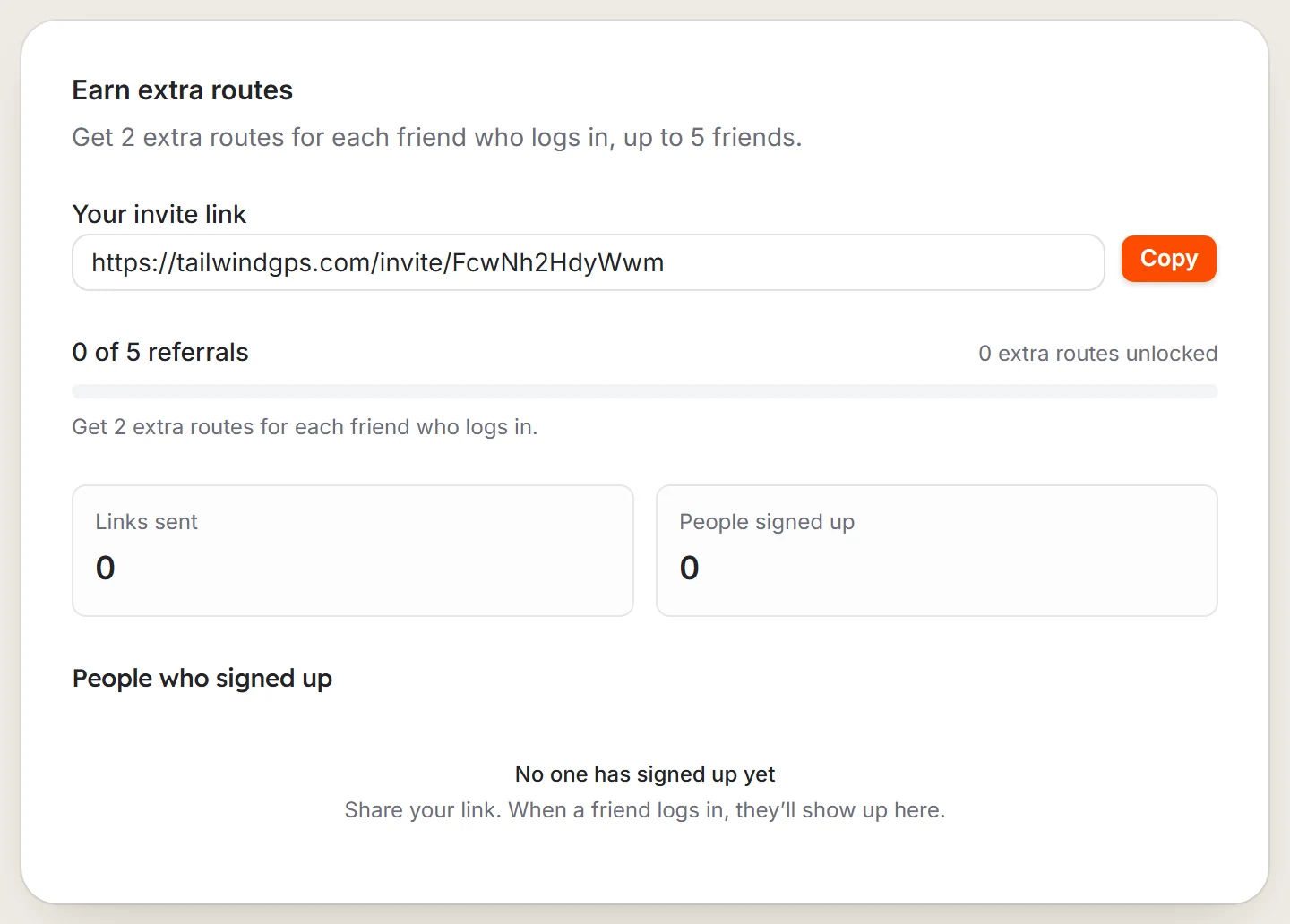 The Earn extra routes screen with an invite link
