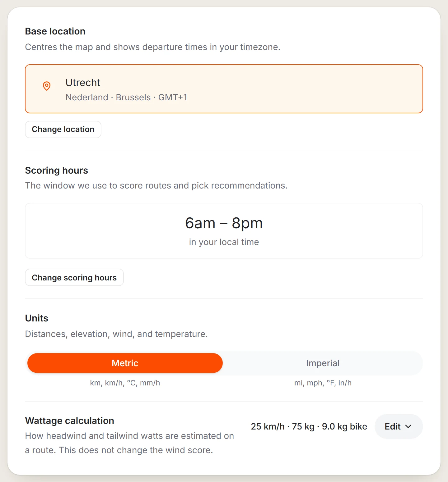 The Riding tab with Base location, Scoring hours, Units and Wattage calculation