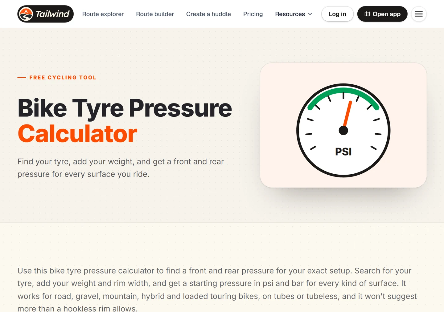 The bike tyre pressure calculator page