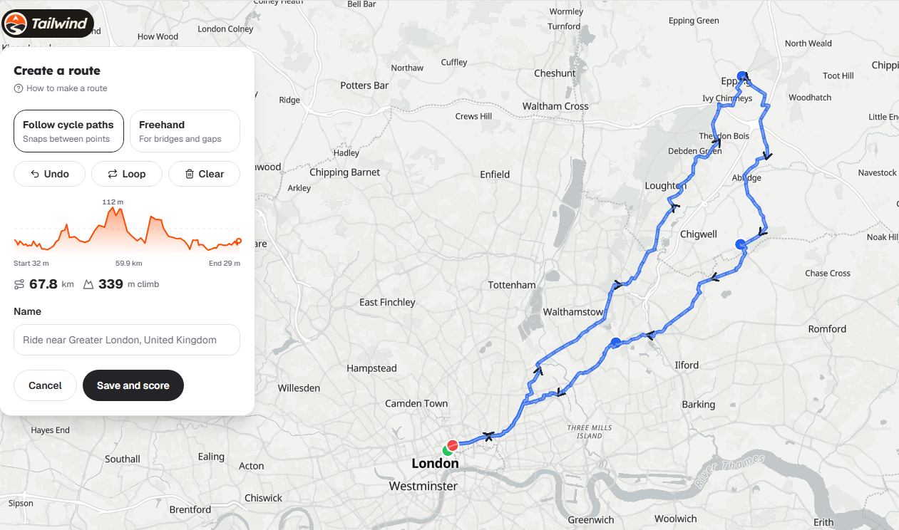 A route from central London out to Epping and back, drawn on the map