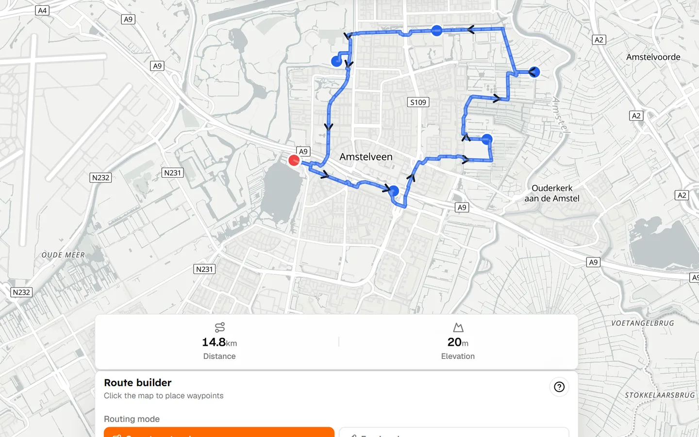 Tailwind route builder on the map: click waypoints, snap to cycling roads, and save a route