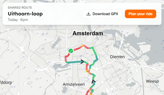 A shared route link with Download GPX and Plan your ride, on a wind-colored map