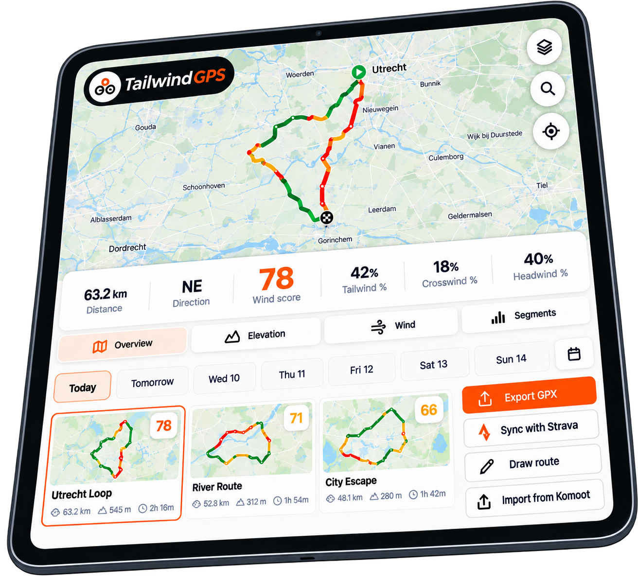 Tailwind on a tablet: Utrecht loop on the map, wind score 78, and nearby route cards