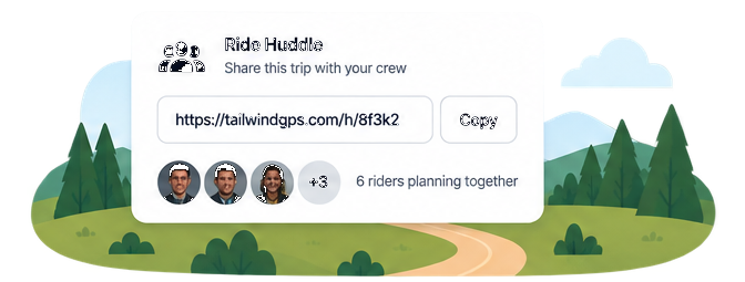 Ride Huddle share card with a trip link and riders planning together