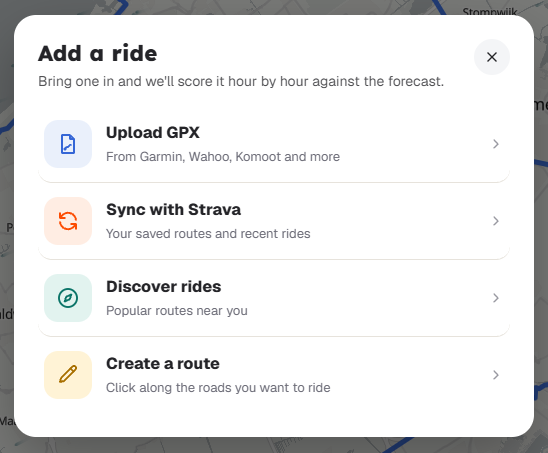 The Add a ride menu in Tailwind GPS with Upload GPX, Sync with Strava, Discover rides and Create a route