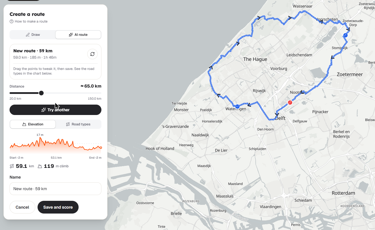 A 58 km loop generated near Delft, with its elevation chart, distance and climb in the Create a route panel