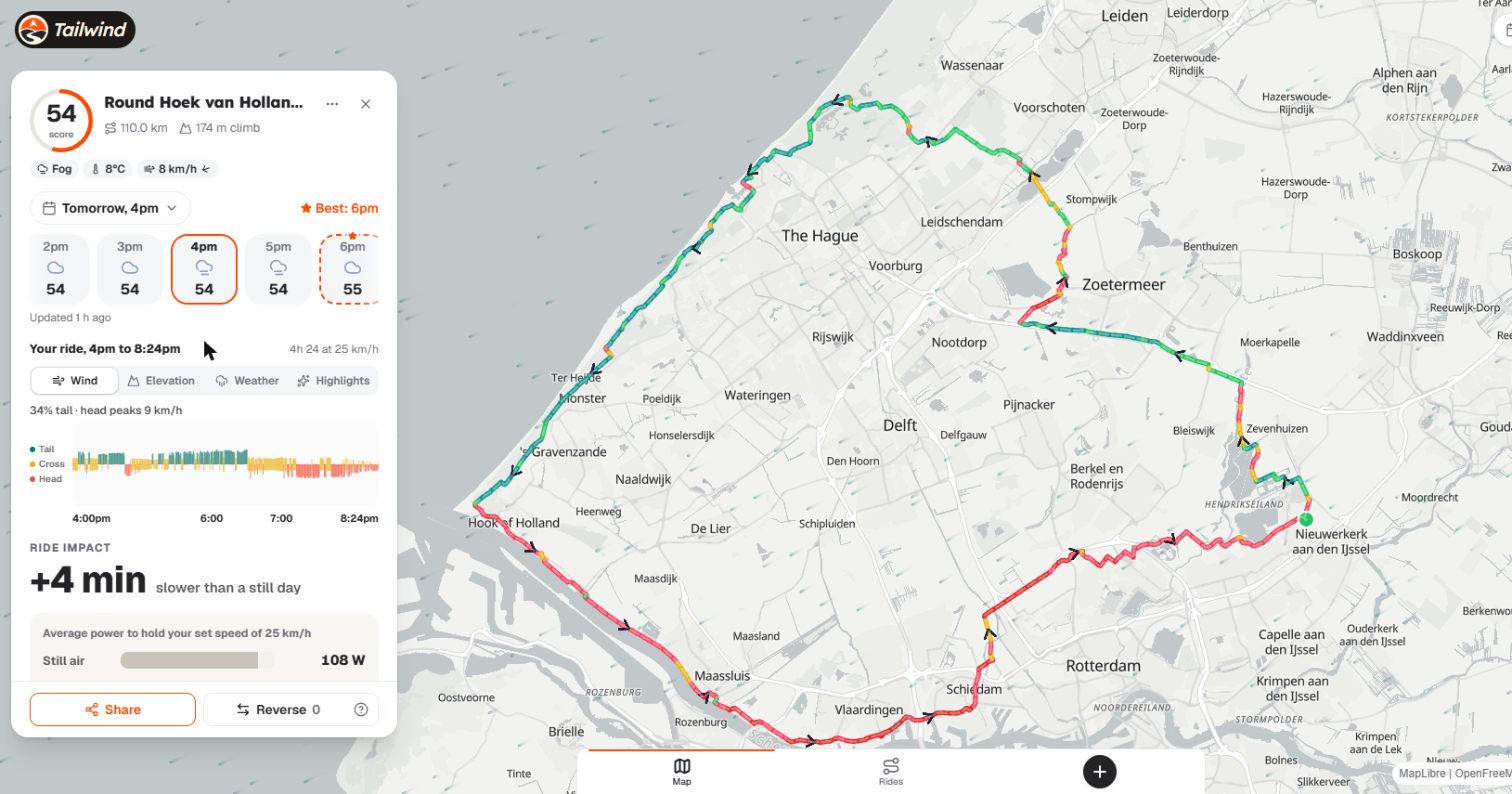 A saved route in Tailwind GPS with the line coloured by wind, hourly scores and a wind strip