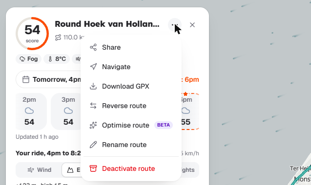 The ride menu in Tailwind GPS with Optimise route (beta) between Reverse route and Rename route