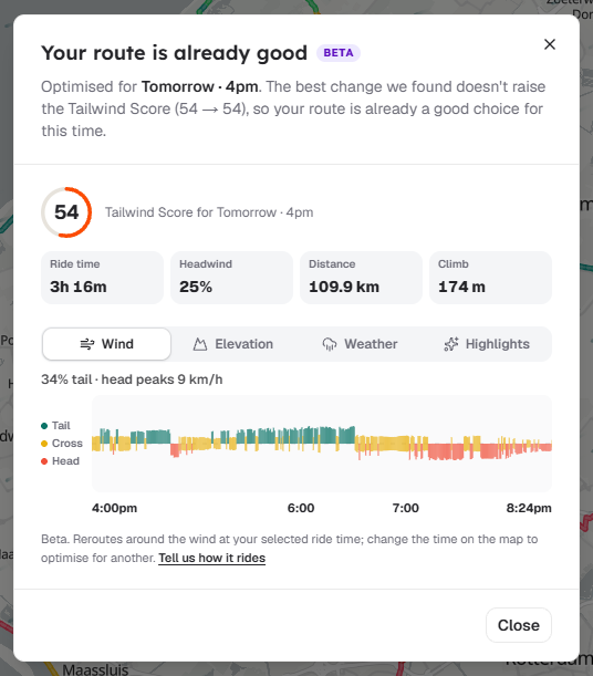The optimisation result reading Your route is already good, with the Tailwind Score, headwind share and wind chart